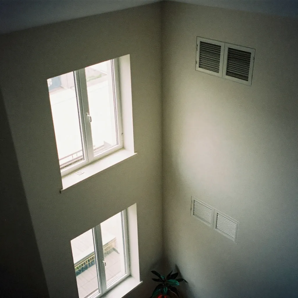 Isometrisk lejlighedsinteriør med naturlig ventilation